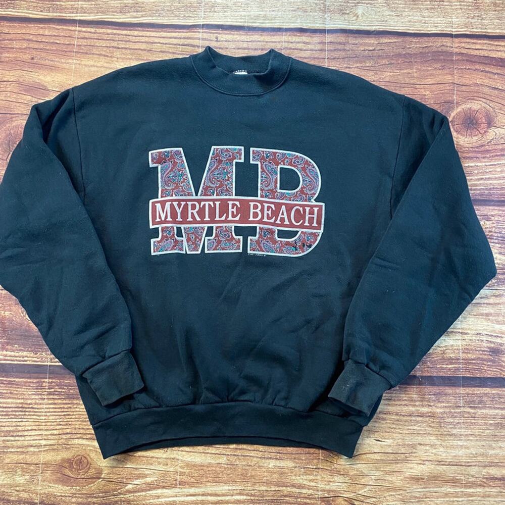 VTG Myrtle Beach Sweatshirt XL Black Pullover Crewneck Sweater Fruit The Loom